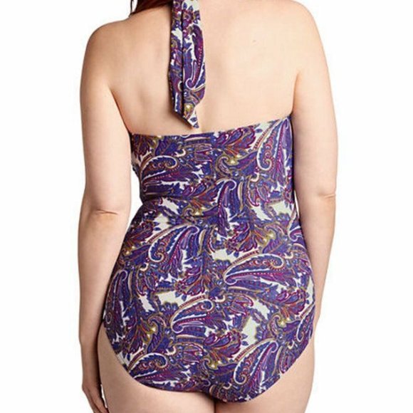 LANDS' END Convertible Wild Grape Paisley Halter Slender Swimsuit - Picture 7 of 9